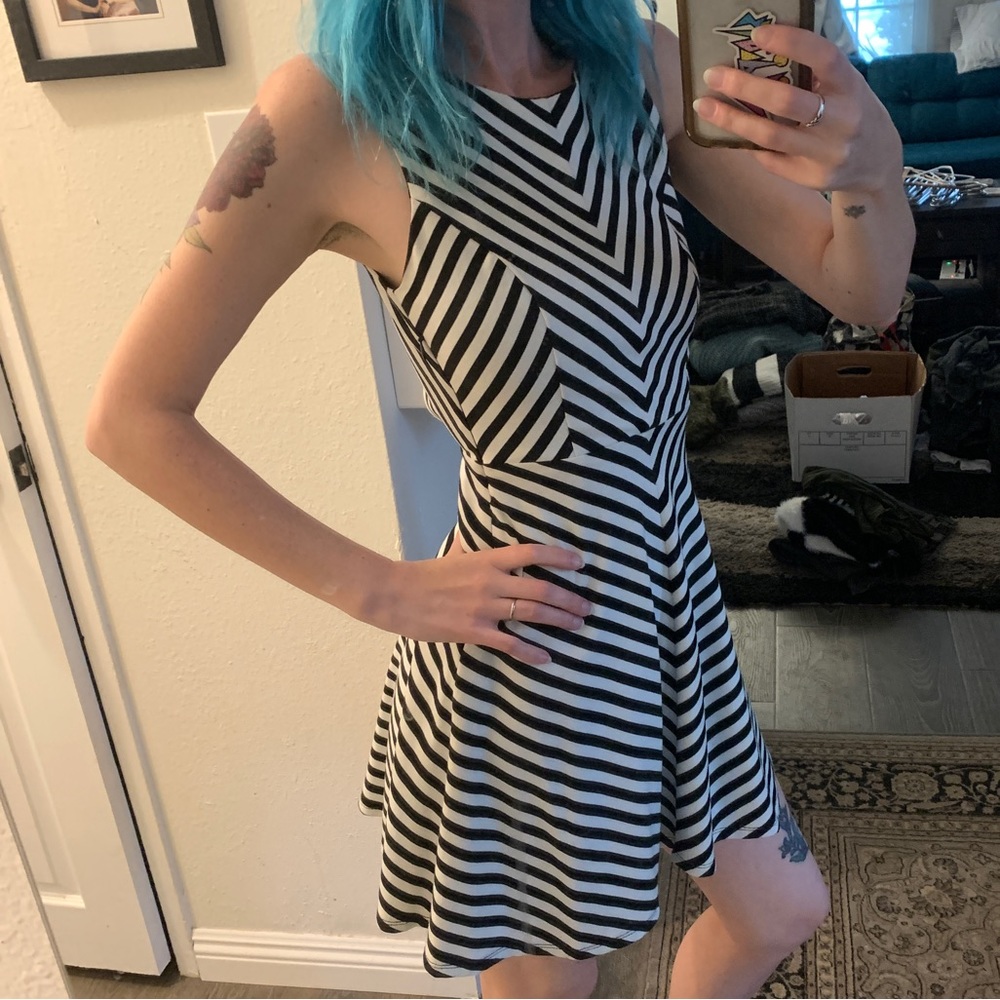 Black & White Striped Open Back A-Line Mini Dress